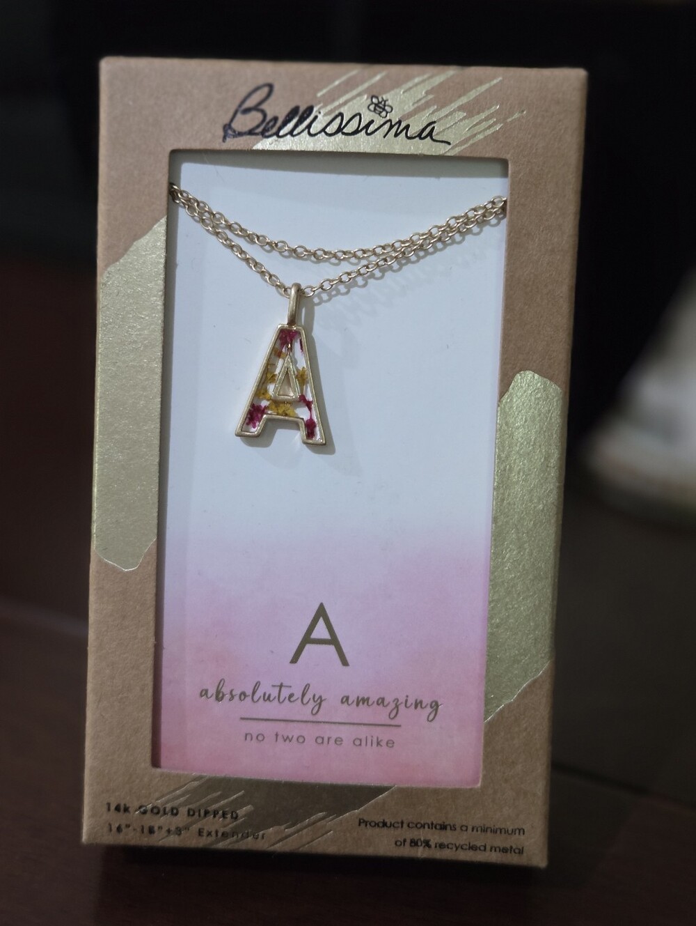 BELLA UNO Bellissima Gold-Plated 'A' Initial Necklace with Pink Accent NEW